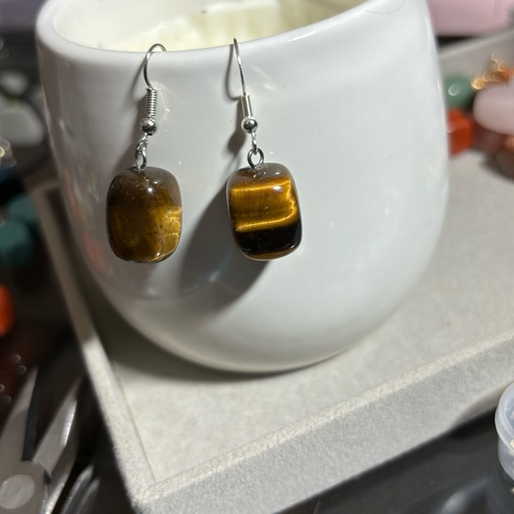 Genuine Tigers Eye Gem Stone Earrings with Sterling Silver Dangle Posts - Picture 4 of 5